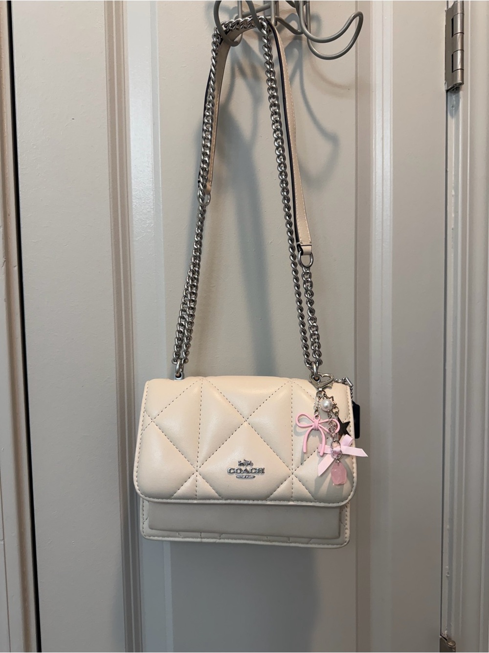 Coach Quilted Cream Leather Crossbody with Pink Charm